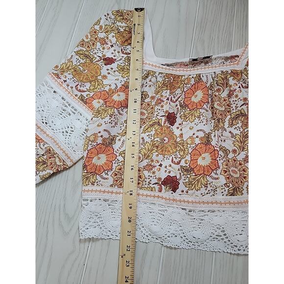 Rachel Zoe Top S Paisley Print Crochet Balloon Sleeve Cropped Linen Peasant - Picture 12 of 15